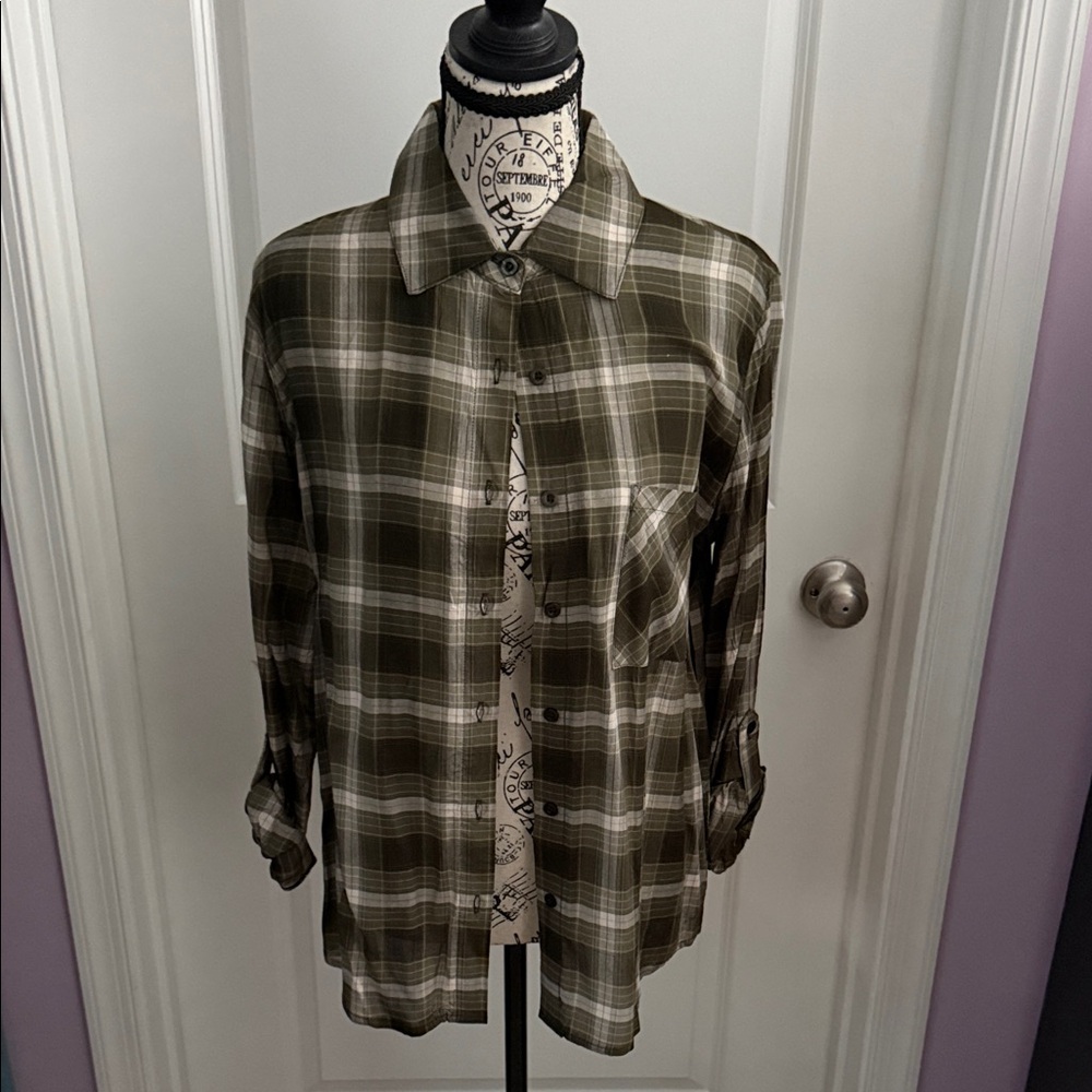 Women's Olive Plaid Button Down Shirt